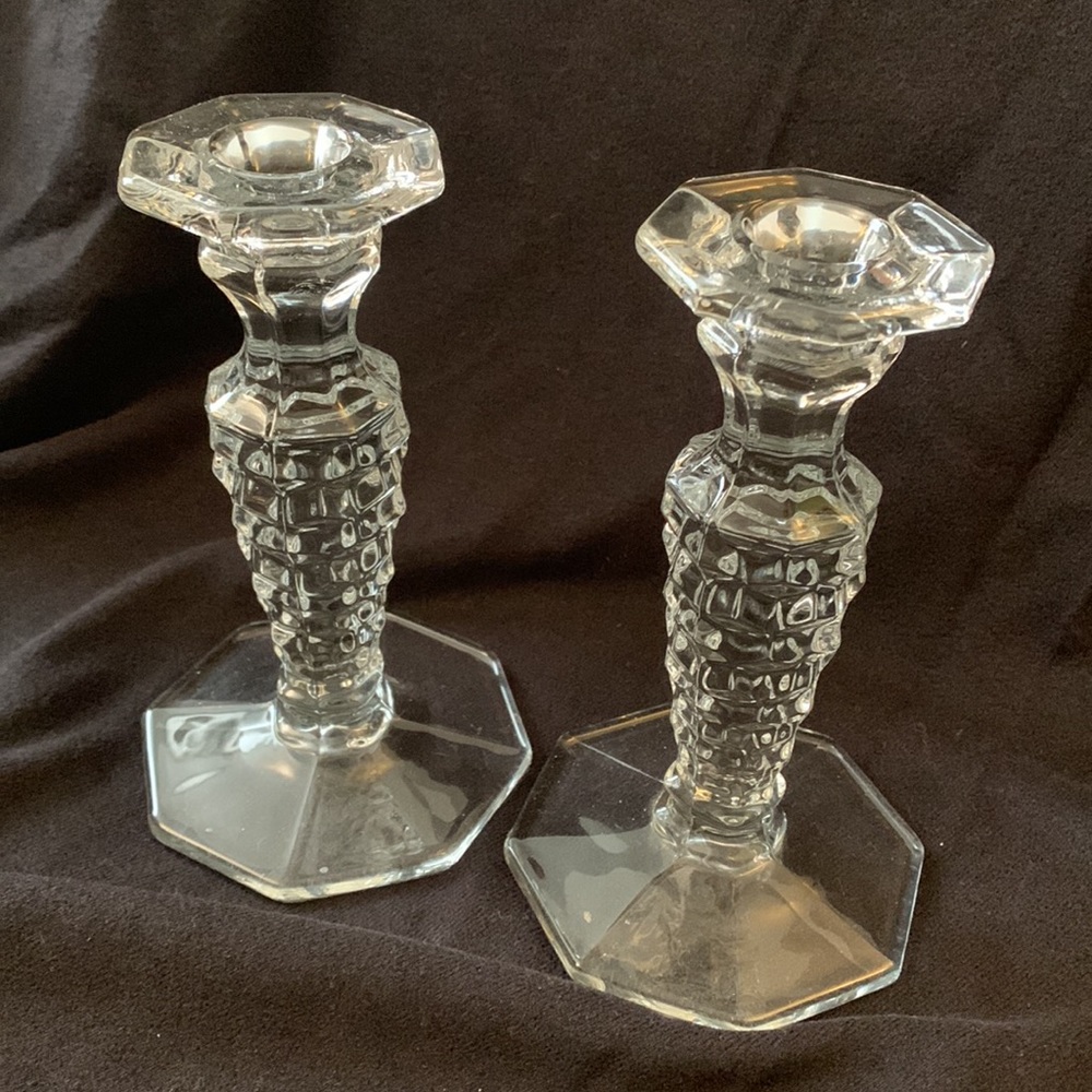Pair Glass Candlestick Holders - FOSTORIA